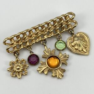 Vintage Gold Tone Long Charm Brooch Statement Timeless Floral Heart Classic